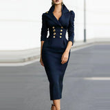 Purpdrank  Elegant Lapel V-neck Commuting Long Dress Casual Long Sleeves Draped Wrap Hip Dress Women Fashion Button Slim Solid Party Dress