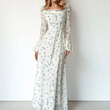 Purpdrank  Elegant Floral Long Dress Women's Summer Fashion High Waist Bell Sleeve Knitted Gown Casual Commute Style Universal Fit