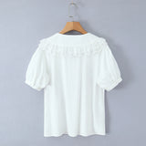 Purpdrank  Holiday White Spliced Wood ears Lace Peter Pan Collar Short Puff Sleeve Shirt Women Fold Pleated Front Open Buttons Blouses Tops