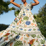 Purpdrank  Tropical Floral Print Season Long Dress Women Sexy V-neck Ruffle Sleeve Holiday Dress Elegant Hight Waist Pleated Party Dresses
