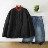 Purpdrank  Thiened Lightweight down Cotton Jaet Women's Autumn Winter Loose Retro Diamond Pattern Sandwich Cotton Warm Coat