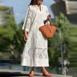 Purpdrank  Autumn Sexy Lace Embroidery Cover Up Dress Women Elegant V-neck Long Sleeves Long Dress Spring Casual Loose Solid Party Dresses