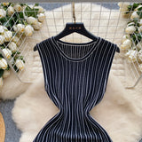 Purpdrank  Summer Vintage Striped Women's Knitted Dresses 2025 New Sleeveless Casual Straight Knitwear A-Line Dress Female