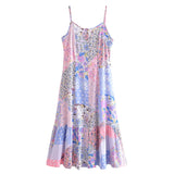 Purpdrank  BOHO Contrast Color Flower Print Midi Long Sling Dress Hippie Women Single-breasted Buttons Ruffles Hem Slit Robe Holiday