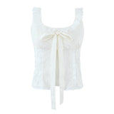 Purpdrank  Holiday Ivory Bow U collar Ivory Spliced Lace Wood ears Strap Tank Women Summer Slim Waist Front Slit Sleeveless Tee Crop Top