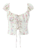 Purpdrank  Summer Puff Sleeve French Floral Printed Shirts Elastic Back Sexy Crop Tops Slim Short Top