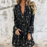 Purpdrank  Gold Bronzing Geometry Print Pleated Dresses Women Spring V Neck Button Hollow A-Line Dress Autumn Flare Sleeve Lace Party Dress