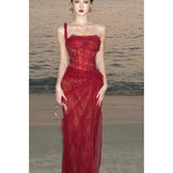 Purpdrank  Red Engagement Dress High-End Luxury Niche Heavy Lace Sexy Corset Bustier Dress Birthday Dress