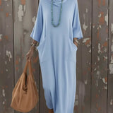 Purpdrank  Spring Fashion Women's Comfortable High Collar Loose Knitted Long Sleeve Dress with Pocket Straight Cut Maxi Dress