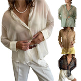 Purpdrank  Women's Casual Daily Commuting  Shirt Tops See-through Chiffon Comfortable Lapel Long Sleeve Shirt Tops