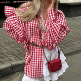 Purpdrank  Fashion Plaid Cotton Women Shirt Blouse Casual Lapel Long Sleeve Shirts Elegant Classic Ruffle Top Female Clothing