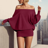 Purpdrank  Fashion Off Shoulder Sheer Mini Dress For Women Hot Sexy Long Sleeve Pleated Party Dresses Bodycon Solid Color Short Dress