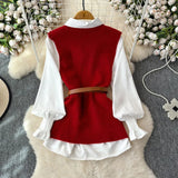 Purpdrank  Autumn Vintage Beaded Design Slit Knitted Vest Sweaters+Long Sleeve White Shirts Women Fashion Commute Two Piece Set