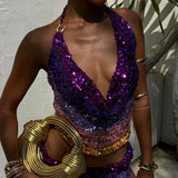 Purpdrank  Summer Elegant Deep V-neck Crop Top Women Fashion Colorful Shinny Sequined Beach Blouse Casual Sleeveless Hollow Party Tee