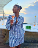 Purpdrank  Streetwear Casual Striped Print Shirt Dress for Women Long Sleeve Turn-down Collar Single Breasted Loose Mini Dress Clubwear