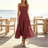 Purpdrank  Womens Smocked Waist Tiered Cami Dress Solid Color Spaghetti Strap Sleeveless Summer Dresses Casual Flowy Boho Beach Maxi Dress
