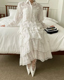 Purpdrank  Luxury Women's Blouse Set and Skirt Flower Hollow Hook Lace Shirt+High Waist Cake Skirt Set New Collection White Dress Set
