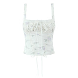 Purpdrank  Summer Sexy Floral Print Corset Camis Women Cross Lacing Up Bandage Bow Back Tank Top Slim Fit Vest Tee