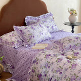 Purpdrank  Rustic Vintage French Rose Floral Ruffles 100% Cotton Bedding Set Duvet Cover Set Flat/Fitted Bed Sheet Pillowcases 4Pcs