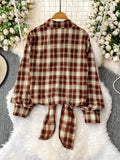 Purpdrank  Retro Hong Kong Sle Plaid Long Sve irt Women's ort Length Turn-down Collar Slimming Waist Tie Top for Autumn 2025