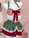 Purpdrank  Y2K 2 Pieces Set Woman Outfit Kawaii Bow Plaid Lace Halter Tops Gyaru Ruffles Mini Skirt Summer Japanese Design Clothes