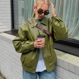 Purpdrank  Fashion Green Leather PU Jacket Women Loose Laple Zipper Long Sleeve Single Breasted Pocket Coat 2025 Autumn New Lady Streetwear