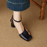 Purpdrank  NEW Summer Women Sandals Split Leather Shoes for Women Square Toe Kitten Heel Shoe Narrow Band Bcukle Strap Shoes Modern Sandals
