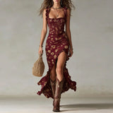 Purpdrank  Bohemian Vacation Beach Maxi Dress Woman New Spring Floral Print Strapless Party Dress Summer Ruffle High Split Sling Long Dress