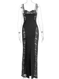 Purpdrank  Sexy Black Sheer Lace Panel Sling Maxi Dress Women's Sleeveless Hollow Out Slim Bodycon Party Gown Formal Prom Night Dress