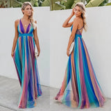 Purpdrank  Rainbow Dress Casual V Neck Mesh Midi Dress Women Clothing Long Dress for Women