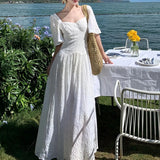 Purpdrank  White Flora Embroidery Long Dress Women Vintage Square Neck Runway Design Elegant Womens Clothing Summer Vacation Bodycon