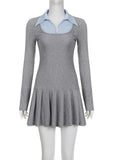 Purpdrank  Korean Preppy Style Grey Dress Women's Patchwork Lapel Collar Button Long Sleeve Slim Fake Two-Piece Pleated Mini Dress