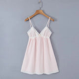 Purpdrank  Sexy Pink Spliced Embroidery Lace Deep V neck Mini Sling Dress Women Adjust Bow Ribbon Back Backless Party Robe Holiday