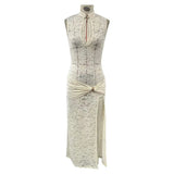 Purpdrank  Lace Dresses For Women Fashion Sexy Elegant Solid Sleeveless Tank Hollow Out O-Neck High Side Split Slim Fit Long Vestidos Robes