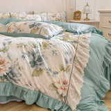 Purpdrank  Korean Princess Style 100% Cotton Bedding Set French Flowers Print Lace Ruffles Duvet Cover Bed Skirt Bedspread Pillowcases 4Pcs