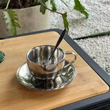 Purpdrank  Korean Ins Coffee Cup Set 304 Stainless Steel Insulated Coffee Cup Afternoon Tea Mug Dish Spoon Household Retro Tableware Set