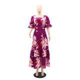Purpdrank  Summer Europe Romantic Women's Dress Square Collar Belt Pocket Ruffled A-line Beach Vestidos Femme