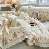 Purpdrank  Korean Style Girly Heart Floral Double Layer Gauze Four-Piece Set Princess Style Lace Trim Quilt Cover Bed Sheet Dormitory