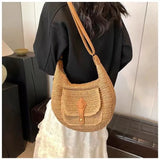 Purpdrank  Fashionable Rattan Handmade Shoulder Bag Solid Color Adjustable Shoulder Strap Crossbody Bag Versatile Women's Bag