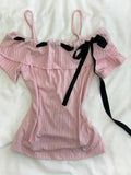Purpdrank  Harajuku Slash Neck Pink Casual Tshirt Bow Lace Up Off Shoulder Slim Fit Summer Top American Vintage All-match Y2k Aesthetic Tee