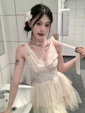 Purpdrank  French Style Elegant White Sleeveless Women's Dress Sweet V-neck Mesh Polka Dot Mini Dress Fashion Fairy Princess Party Outfits