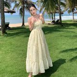 Purpdrank  Little Yellow DressVHalter Neck Floral Dress Summer Dopamine Style French Waist-Cinching Long Dress