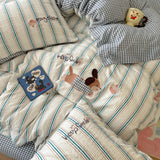 Purpdrank  Cute Cartoon Embroidery Stripe Bedding Set Washed Cotton Soft Four Piece Sets Pillowcase Duvet Cover Set 200x230cm Home Textiles