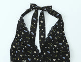 Purpdrank  Sexy Black Floral Print Spliced Lace Bow Halter V Collar Backless Mini Dress Women Elastic Zipper Back A-line Short Robe Holiday