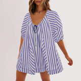 Purpdrank  Summer New Womens Fashionable Deep V-neck Tie Up Short Sleeved Striped Printed Jumpsuit Shorts Loose Casual Wide Leg Capris