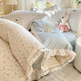 Purpdrank  Korean Princess Style Floral Prints Ruffles Bedding Set Double Layer Yarn 100% Cotton Duvet Cover Pillowcases Bed Sheet 4Pcs