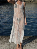 Purpdrank  Women Summer Bikini Cover-Up Sleeveless U-Neck Lace Floral Mesh Sheer Loose Long Dress women
