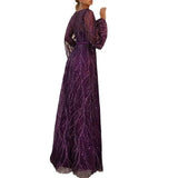 Purpdrank  Long V-Neck Sequin Dress Elegant Bow-Knot Party Dress Polyester Fabric High Waist Bubble Sleeve Floor-Length Simple Chic