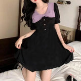 Purpdrank  Women's Summer New Lively Cute Sweet Spliced Bow Peter Pan Collar Button Solid Corset A-line Slim Short Sleeve Midi Dresses