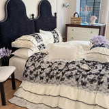 Purpdrank  Cotton Princess Bedding Sets Queen Butterflies Embroidered Chiffon Lace Elegant Soft Flat Sheet With Pillowcases 4PCS